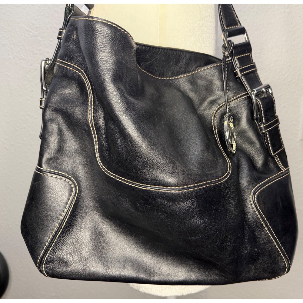 Michael Kors Hobo Bag Womens Large Black Leather Contrast Stitch Boho Classic